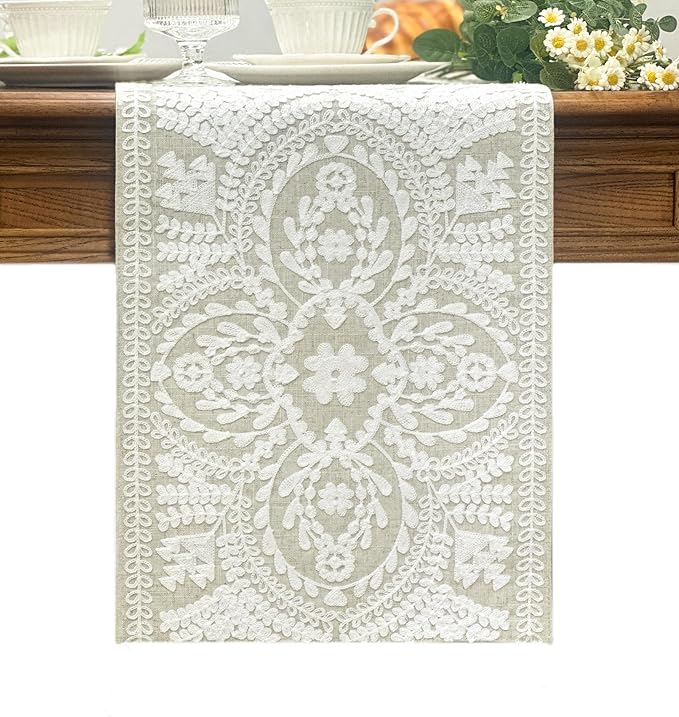 KEVA Boho Table Runner 110inches Long, Farmhouse Rustic Vintage White Embroidered Table Runners 13x110 Inch for Dining Table Decorations