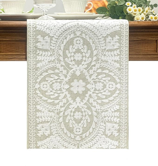 KEVA Boho Table Runner 36inches Long, Farmhouse Rustic Vintage White Embroidered Table Runners 13x36 Inch for Dining Table Decorations