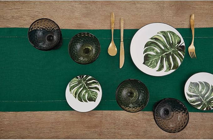 Solino Home Linen Rainforest Green Table Runner 156 Inches Long - 100% Pure Linen Extra Long Table Runner 14 x 156 Inch for Christmas, New Year - Classic Hemstitch