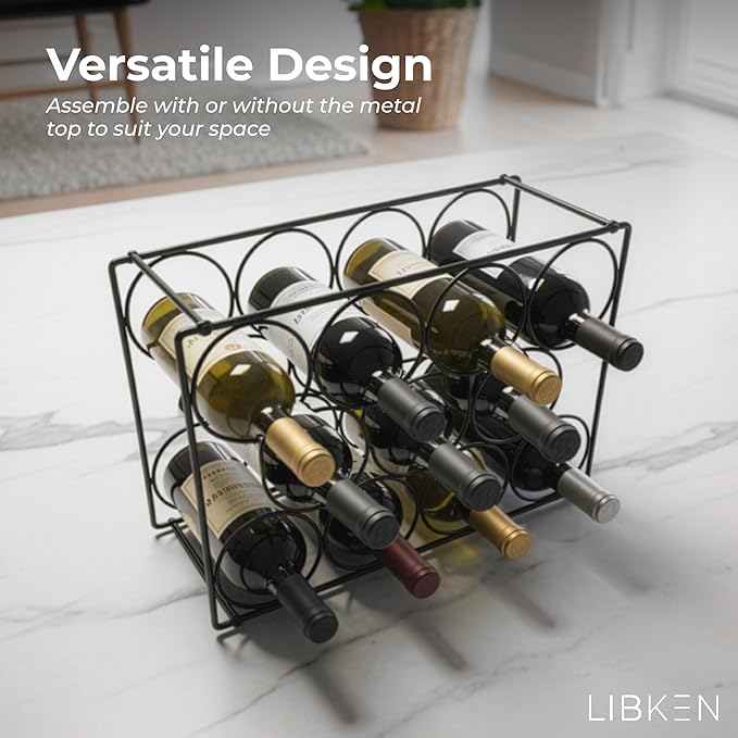 Countertop Wine Rack – Black Powder Coated Metal Wine Holder, Minimal Scandinavian Design – Modern Geometric Small Wine Rack for Countertop, Cabinet, or Tabletop Storage, Fits 11 Bottles
