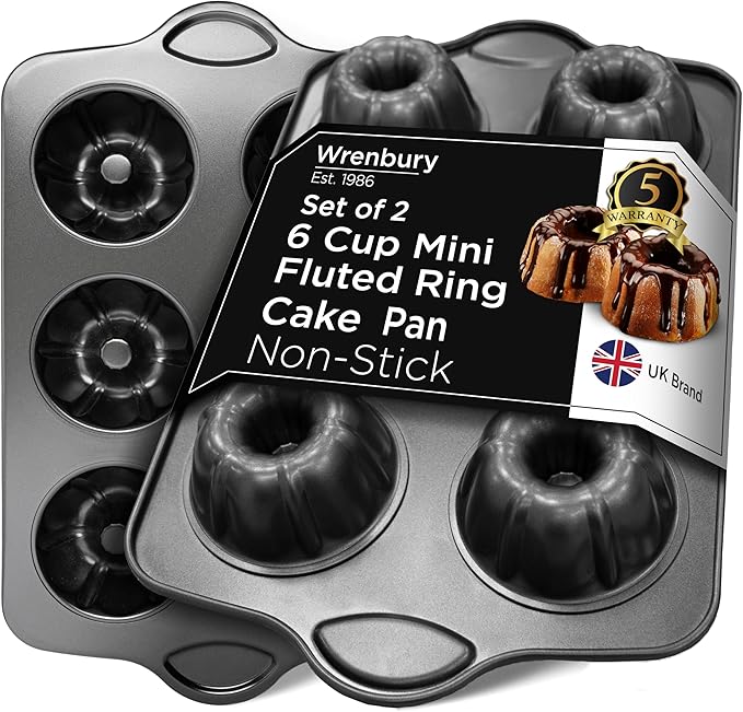 Wrenbury Set of 2 Nonstick Mini Buntz Cake Pan Non Stick for Baking - 6 Cup Bundtlette Fluted Cake Tin for Small Cakes - PFOA Free and Dishwasher Safe - 3.75” Cup Width