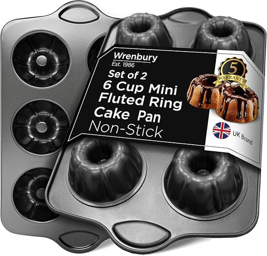 Wrenbury Set of 2 Nonstick Mini Buntz Cake Pan Non Stick for Baking - 6 Cup Bundtlette Fluted Cake Tin for Small Cakes - PFOA Free and Dishwasher Safe - 3.75” Cup Width