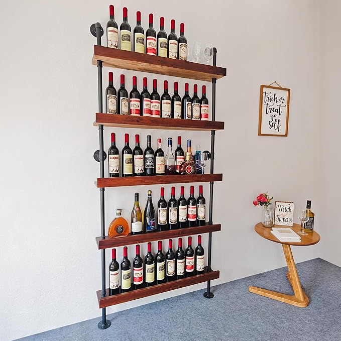 Industrial Wine Rack Wall Mounted, Industrial Pipe Bar Shelf for Wine Display, 5-Tier Rustic Hanging Organizer for Wine Bottle Storage in Kitchen, Bar, Pub, Cellar(Walnut Brown, 36 Inch)