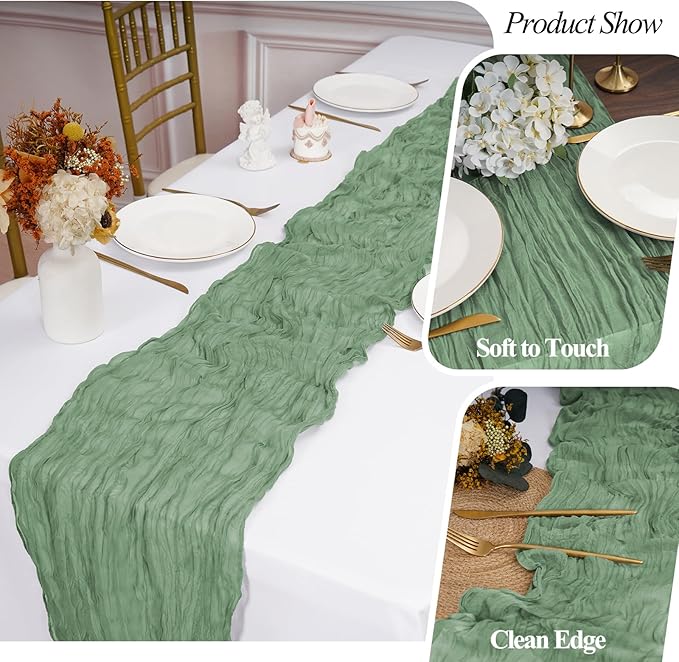 20 Pack Cheesecloth Table Runner Sage Green, Rustic Boho Gauze Fabric Table Runner Romantic Table Runner For Wedding, Festival, Birthday, Anniversary, Dinner and Outdoor Events (17.7 x 108 inch)