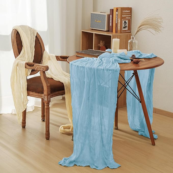 Leetaltree 6 Pack Blue Cheese Cloth Table Runner, 35x120 Inch Boho Rustic Cheese Table Runner, Table Runners for Bridal Baby Shower Decorations or Wedding Table Decorations