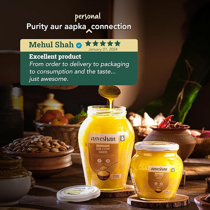 Anveshan A2 Gir Cow Ghee Clarified Butter 33 Fl. Oz/1000mL | Grass-Fed | Pasture-Raised | Gut Friendly | Keto Friendly | High Smoke Point | Sustainably Sourced | Casein Free