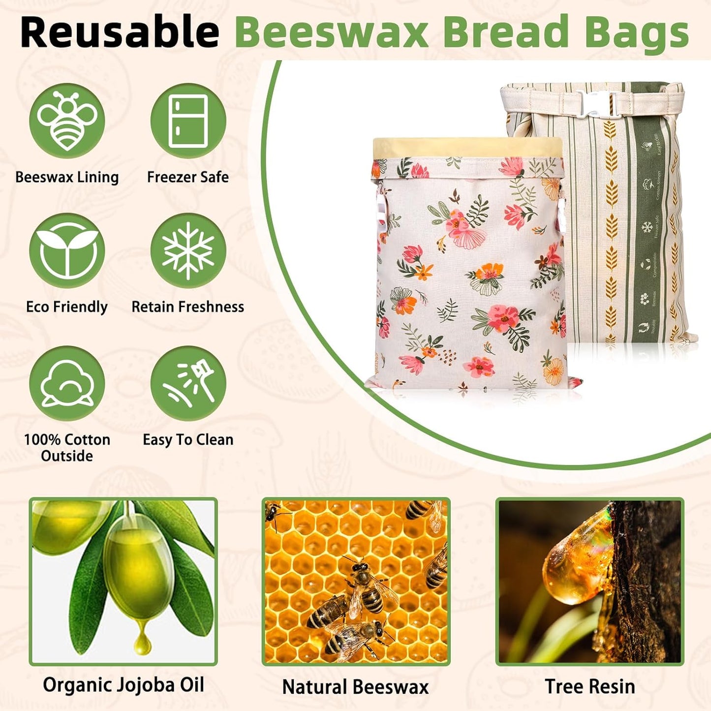 2 Pack Cotton Beeswax Bread Bags - Large Reusable Cotton Linen Food Storage Covers for Sourdough & Homemade Bread, Waxed Bags Keep Bread Fresh, Proofing Bag Freezer-Safe, Easy Clean