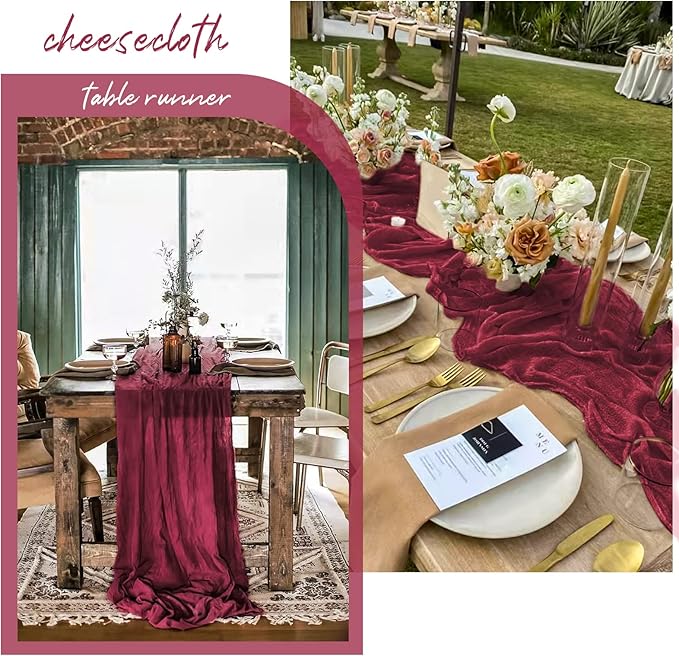 12 Pack 10Ft Burgundy Cheesecloth Table Runner 35 x 120 inch Boho Gauze Cheese Cloth Table Runner Vintage Rustic Sheer Runners for Wedding Bridal Shower Birthday Party Cake Table Decorations