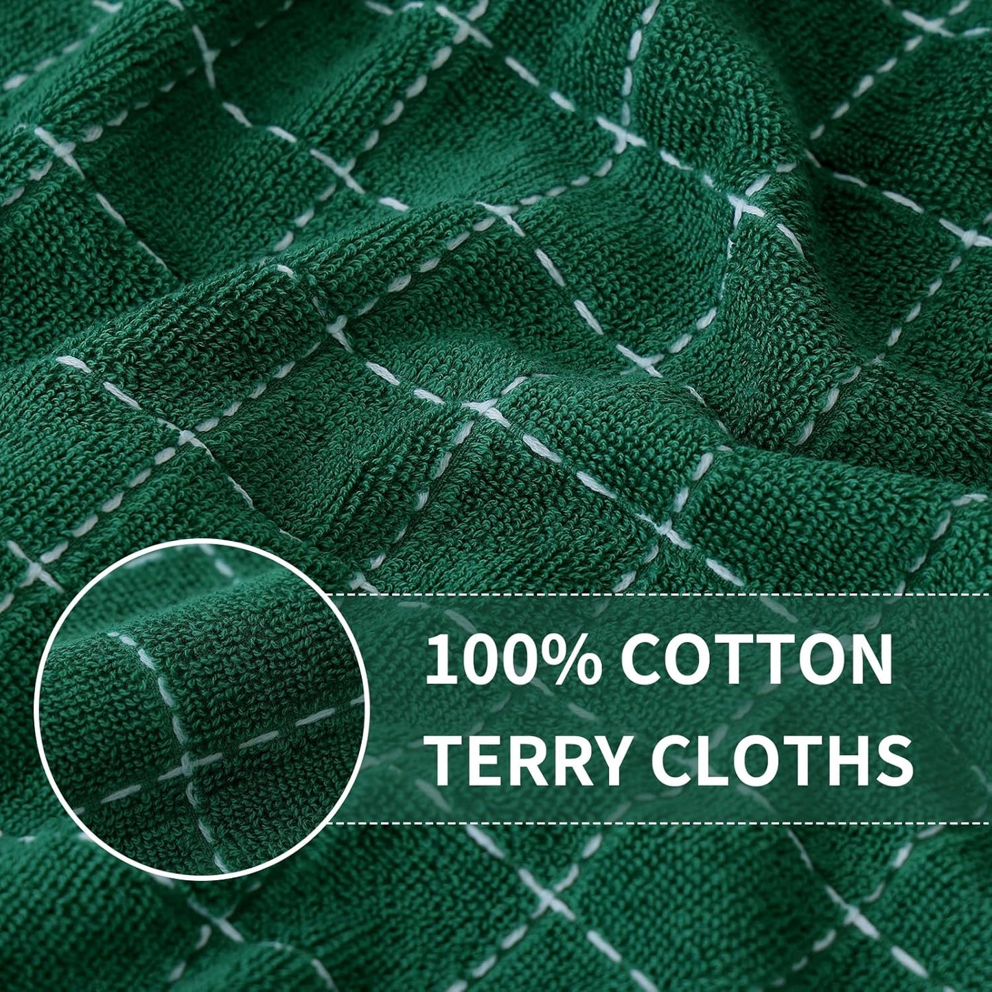 Homaxy 100% Cotton Terry Kitchen Towels(Dark Green, 13 x 28 inches), Checkered Designed, Soft and Super Absorbent Dish Towels, 12 Pack