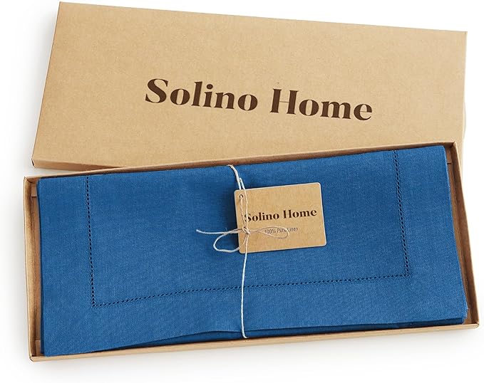 Solino Home Linen Indigo Blue Table Runner 144 Inches Long - 100% Pure Linen Extra Long Table Runner 14 x 144 Inch - Classic Hemstitch