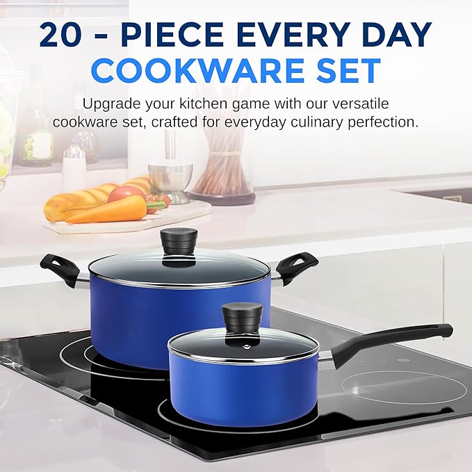 SereneLife 20-Piece Blue Cookware Set with Knives - Includes Multi-Sized Pots and Pans Set Non stick with Lids and Utensils, Heat Resistant, Dishwasher Safe