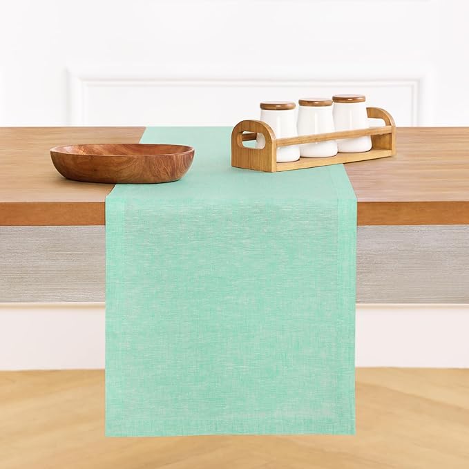 Solino Home Linen Table Runner 36 Inches - 100% Pure Linen Chambray Aqua Table Runner 14 x 36 Inch Ideal for Dresser and Coffee Tables - Athena