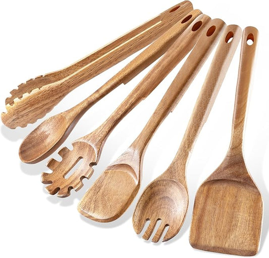 Wooden Cooking Utensils, 6 Pieces Natural Acacia Wooden Spoons For Cooking with Unique Notch & Heat Resistant Design, Non-Stick Wood Kitchen Utensil Set with Hanging Hole for Kitchen Essentials