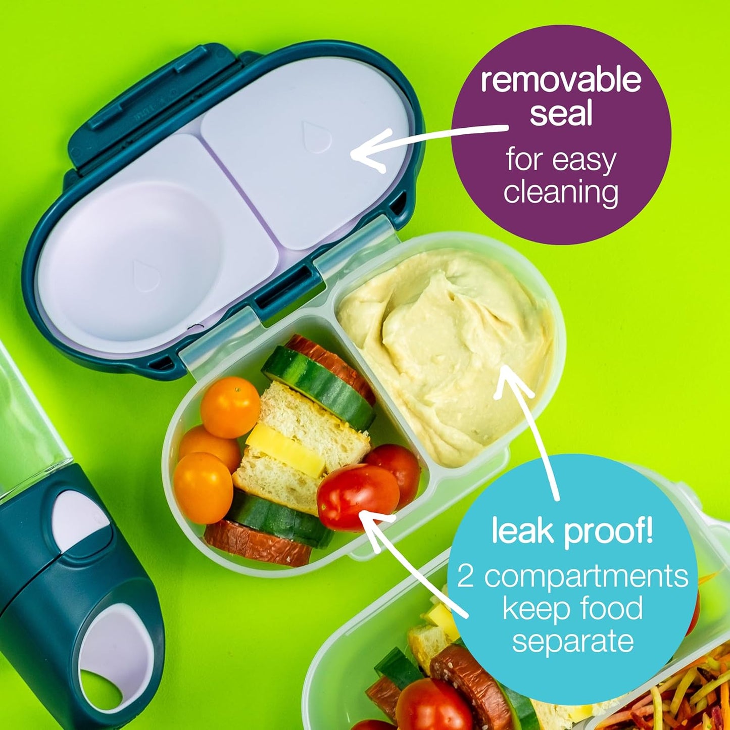 b.box Snack Box Reusable Snack Containers with Lids 2 compartments, Bento Box for kids and toddlers, Leakproof Lunch Box, BPA free and Dishwasher Safe Snack Container (Lemon Sherbet, 1 3/4 Cup)