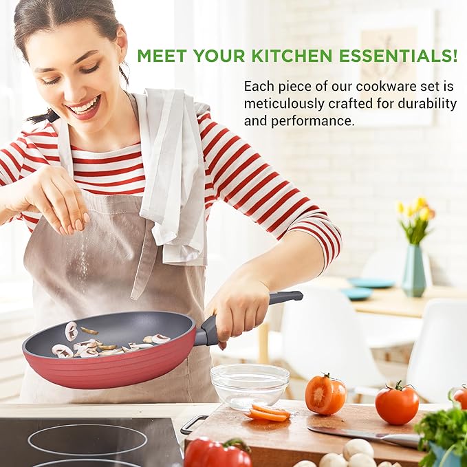 NutriChef 12-Piece Hard Anodized Nonstick Cookware Set - Induction Ready Pots & Pans with Elegant Ridge-Line Pattern, Heat-Resistant Lacquer, Red