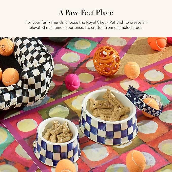 MACKENZIE-CHILDS Pet Bowl, Cute Cat and Dog Bowl for Food and Water, Blue-and-White Royal Check, Medium