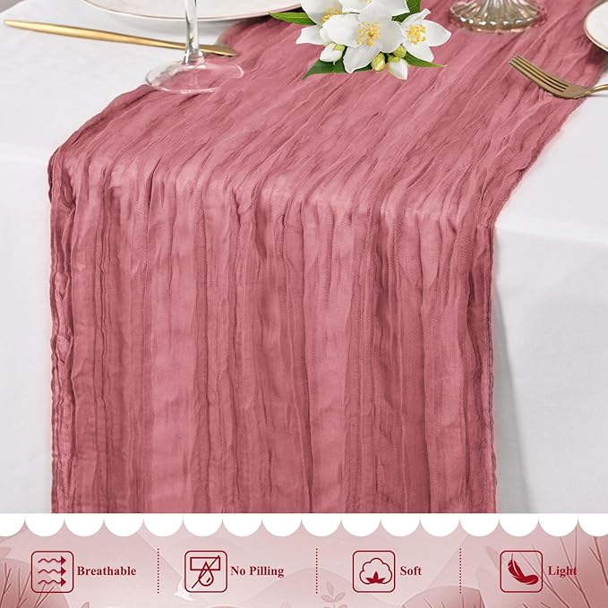 20 Packs Cheesecloth Table Runner 10FT Long Boho Gauze Fabric Table Runner Vintage Rustic Sheer Runners for Wedding Party Bridal Baby Shower Table Decorations (Dusty Rose )