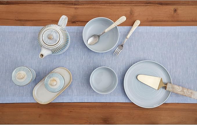 Solino Home Linen Table Runner 108 Inches Long - Athena, 100% Pure Linen Chambray Blue Table Runner 14 x 108 Inch for Dining, Winter, Christmas, New Year