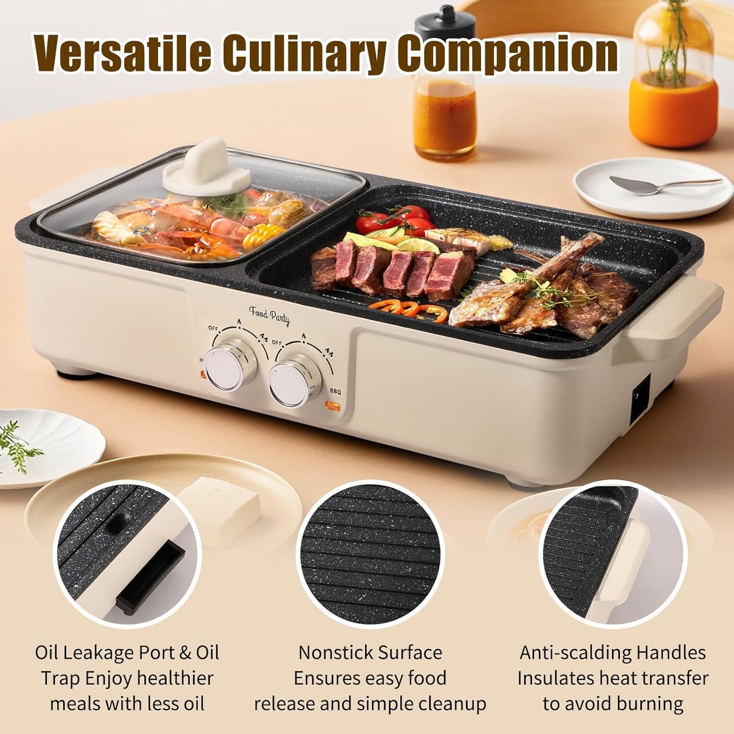 Food Party Hot Pot Electric Grill 2 in 1 Korean BBQ Grill Indoor Smokeless Hotpot Pot Electric Cooker Sahabu Shabu Pot Non Stick (Large)