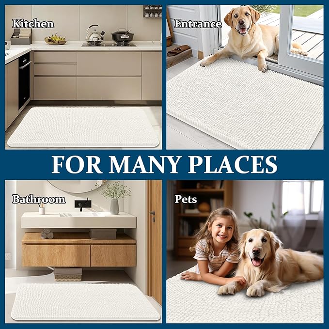 OLANLY Dog Door Mat for Muddy Paws 47x20, Absorbs Moisture and Dirt, Absorbent Non-Slip Washable Doormat, Quick Dry Chenille Mud Mat for Dogs, Entry Indoor Entryway Carpet for Inside Floor, Ivory