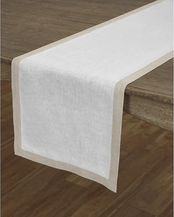Solino Home Linen Table Runner 108 Inches Long - Natural and White 100% Pure Linen 14 x 108 Inch Table Runner for Dining, Christmas, Holiday, New Year - Classic