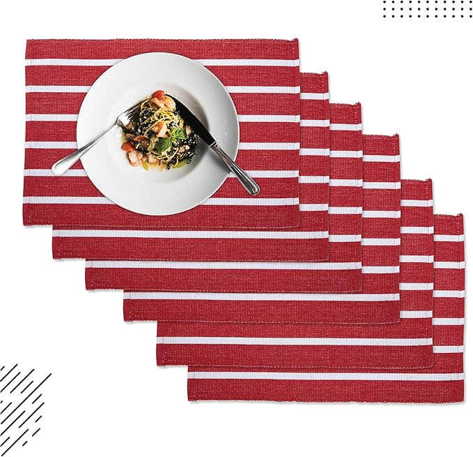 Encasa XO Dining Placemat Set of 6 | Solid Roma Red Stripes Color | Fine Ribbed Cotton Table mat | Size 19x13 in |for Dining Table Fall Decoration, Holiday & Christmas Festivals - Machine Washable