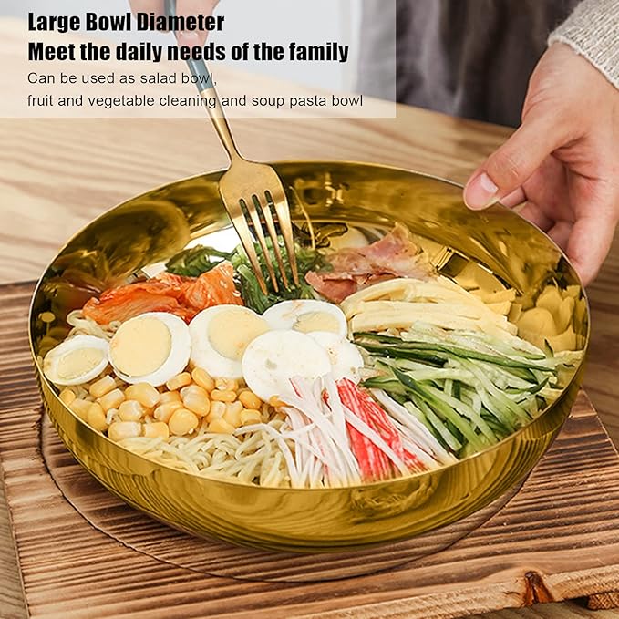 Stainless Steel Mixing Bowl, 9.4 inch Gold Salad Serving Bowls Flat Base Metal Prep Bowl Ramen Noodle Soup Bowls for Baking Serving Mixing and Cooking Prep