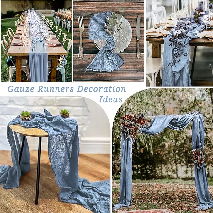 12 Pack 10Ft Dusty Blue Cheesecloth Table Runner 35 x 120 inch Boho Gauze Cheese Cloth Table Runner Vintage Rustic Sheer Runners for Wedding Bridal Shower Birthday Party Cake Table Decorations