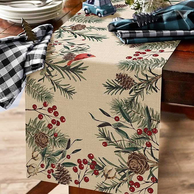 Seliem Winter Pine Needle Branches Table Runner, Pine Cone Cardinal Red Birds Berry Farmhouse Kitchen Dining Table Decor, Christmas Holiday Home Decoration Indoor Outdoor Party Supply 13 x 36 Inches