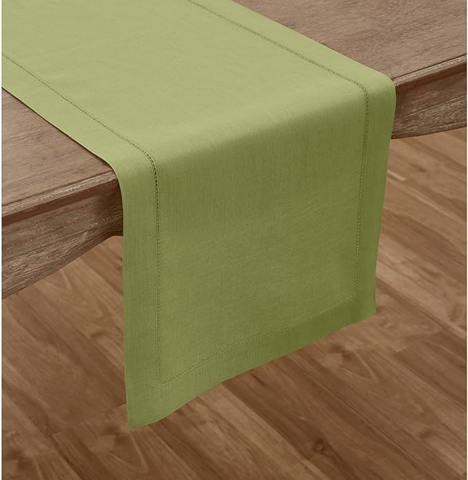 Solino Home Linen Moss Green Hemstitch Table Runner 36 Inches - 100% Pure Linen Small Table Runner 14 x 36 Inch Ideal for Dresser and Coffee Tables - Classic Hemstitch - Winter