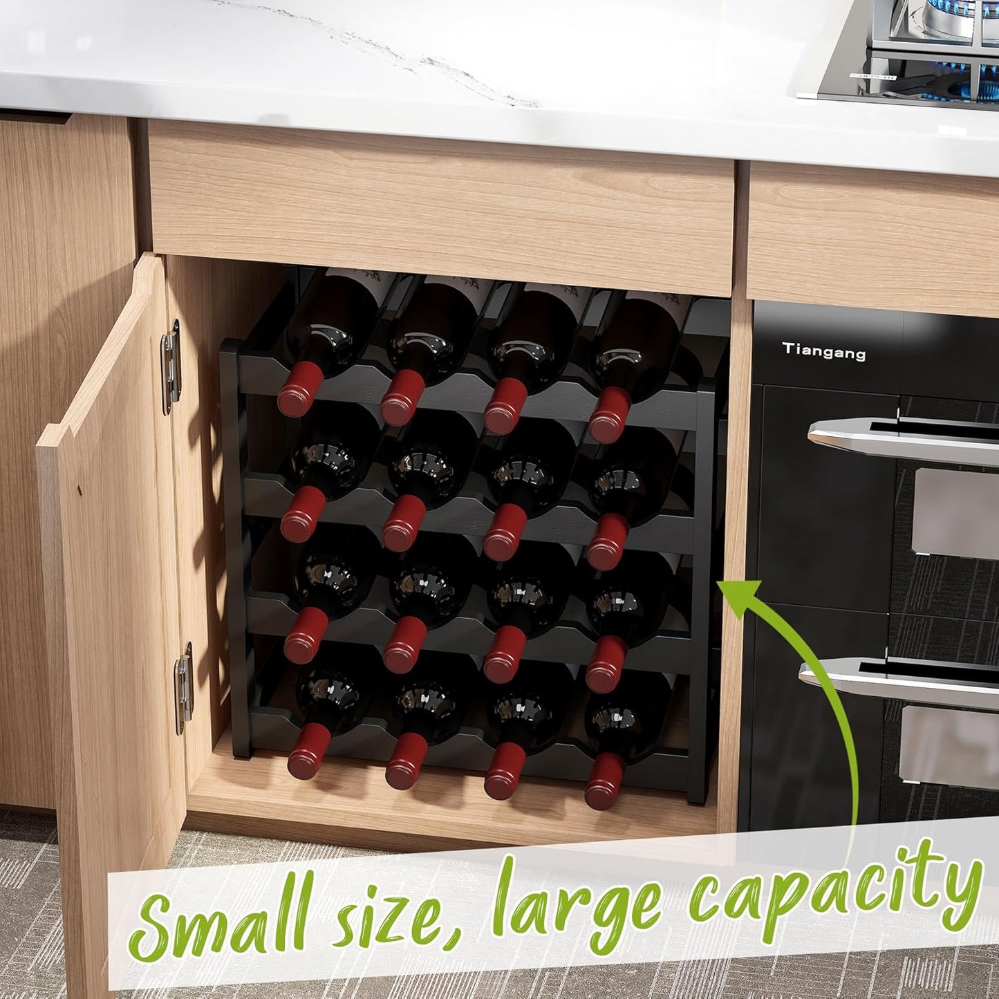 BMOSU Bamboo Wine Rack Wine Storage Cabinet Shelf 16 Bottle Wine Racks Countertop Sturdy for Kitchen Dining Room Pantry - 4 Tiers Wine Rack(Black)