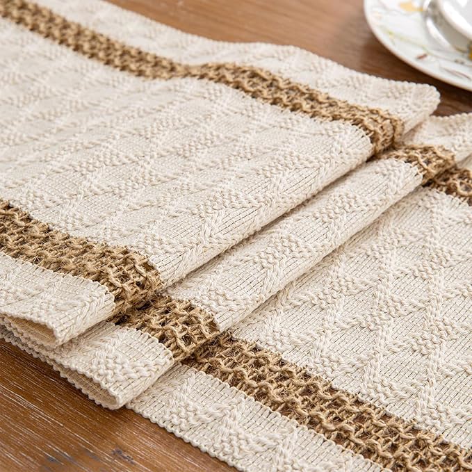 Niviy Boho Table Runner 108 Inches Long Farmhouse Macrame Table Runner Cotton Linen Woven Table Runners for Spring Dining Table Home Decor, Beige & Brown