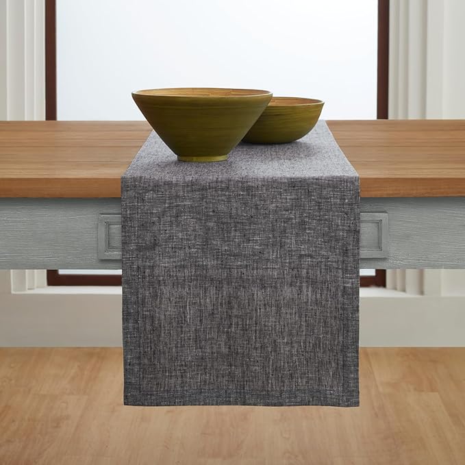 Solino Home Linen Chambray Black Table Runner 90 Inches Long - Athena, 100% Pure Linen Dining Table Runner 14 x 90 Inch for Winter, Holiday