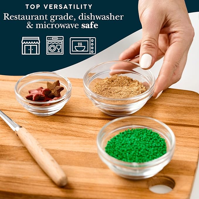 Small Glass Cooking Bowls, 3.5 inches Diameter (9 cm), 4-ounce, Microwave and Dishwasher Safe - Stackable Glass Mise en Place Ramekins Set of 6
