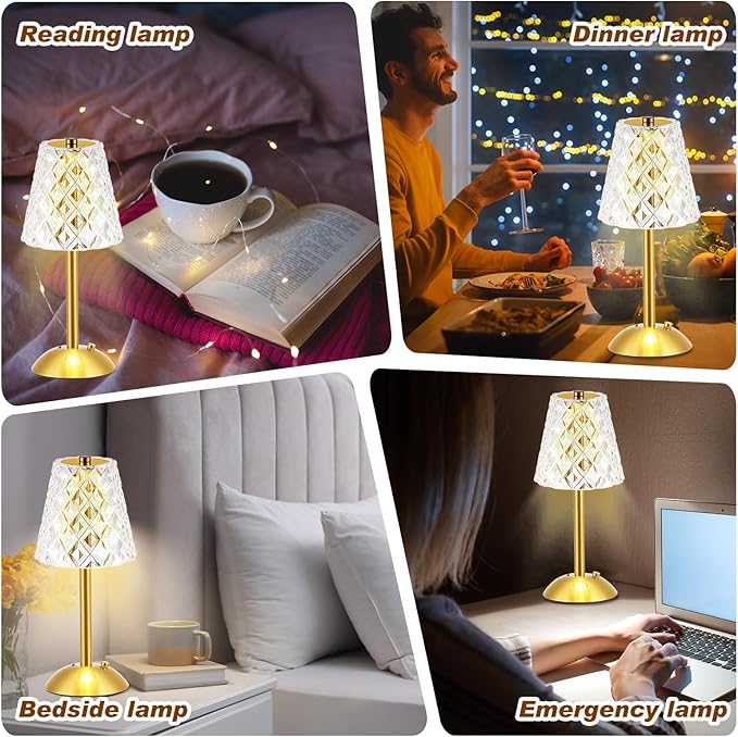 Liliful 4 Pcs Cordless Table Lamp Rechargeable Touch LED Small Gold Portable Battery Operated USB-c Desk Lamp 3 Color Dimmable for Bedroom Living Room Dining (Gold,Diamond Style)
