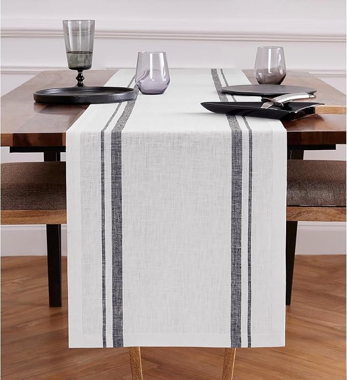 Solino Home Linen Table Runner 72 Inches Long - 100% Pure Linen Black and White French Stripe Table Runner 16 x 72 Inch for Dining, Dresser