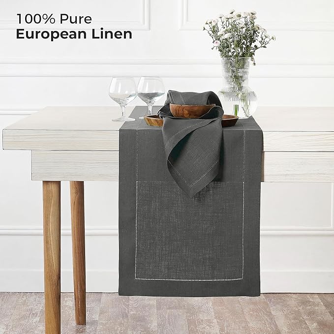 D'Moksha Homes Linen Charcoal Grey Table Runner 72 Inches Long - 100% Pure Linen Hemstitch Table Runner 14 x 72 Inch for Dresser, Dining, Winter, Christmas, Holiday, New Year - Classic Hemstitch