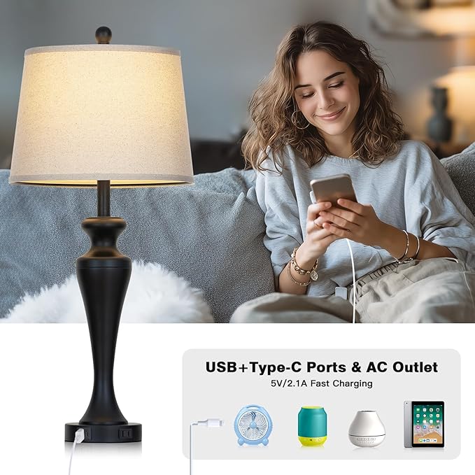 30 Inch Single Black Table Lamp for Bedroom, Modern Tall Lamp for Living Room End Table, 3-Way Dimmable Touch Nightstand Lamps, Metal Bedside Lamps with USB A+C Ports and AC Outlet, Bulb Included