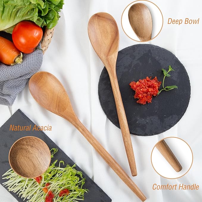 GinSent 2PCS Wooden Spoons for Cooking,14INCH Wooden Spoons Cooking Comfort Grip Wood Spoons,Wooden Kitchen Utensils for Stirring Scraping Flipping and Serving,Non-Stick Cookware Spatula &Spoons