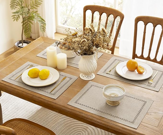 Burlap Placemats Set of 4, 12 x 18 Inch Rustic Geometric Hollow Place Mats, Heat Resistant Placemats for Farmhouse Kitchen Table Decor, Coffee 4PCS