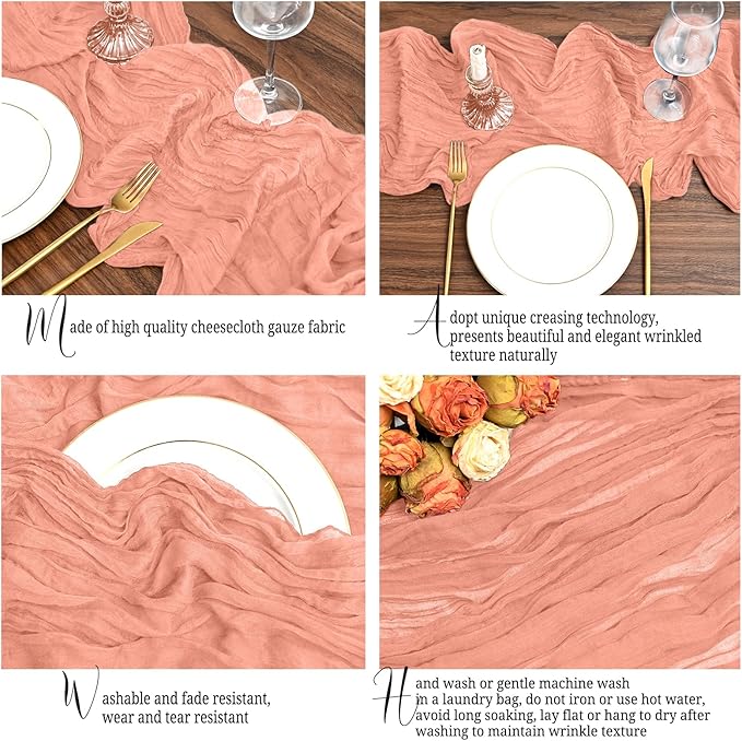 24 Pack Coral Table Runner 10Ft Cheesecloth Table Runner Rustic Gauze Table Runners Romantic Long Sheer Fabric Cheese Cloth Table Runners for Wedding Party Bridal Baby Shower