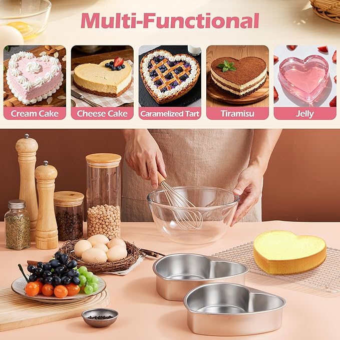 E-far 6 Inch Heart Cake Pan, 2Pcs Stainless Steel Small Heart Shaped Cake Mold, Cake Tin Baking Pan for Valentine's Day Anniversaries Wedding, Non-Toxic & Dishwasher Safe