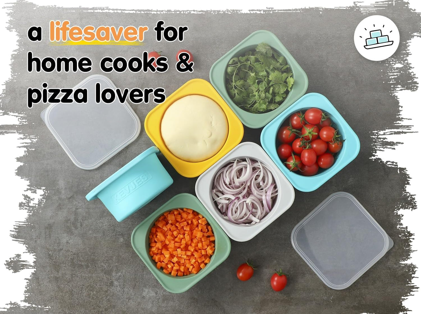 PLUS-1000ml Pizza Dough Proofing Box for DIY Artisan Pizza, Food Grade Silicone Stackable Containers with Lids. Freezer, Fridge, Dishwasher Safe (2Green Plus+2Space Grey Plus)