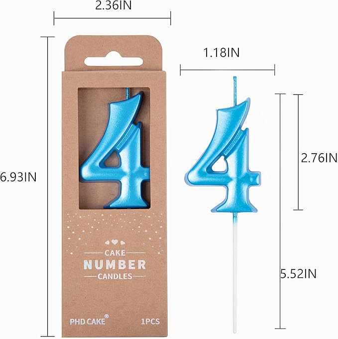 PHD CAKE 2.76 Inch Elegant Blue 4 Number Birthday Candles, Blue Number Candles, Cake Number Candles, Party Celebration