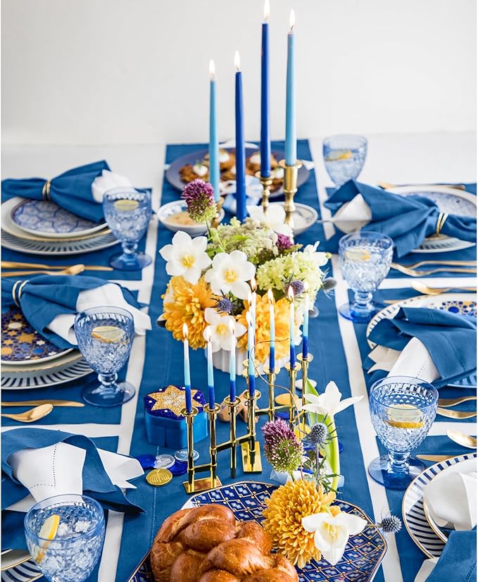 Solino Home Linen Indigo Blue Table Runner 144 Inches Long - 100% Pure Linen Extra Long Table Runner 14 x 144 Inch - Classic Hemstitch