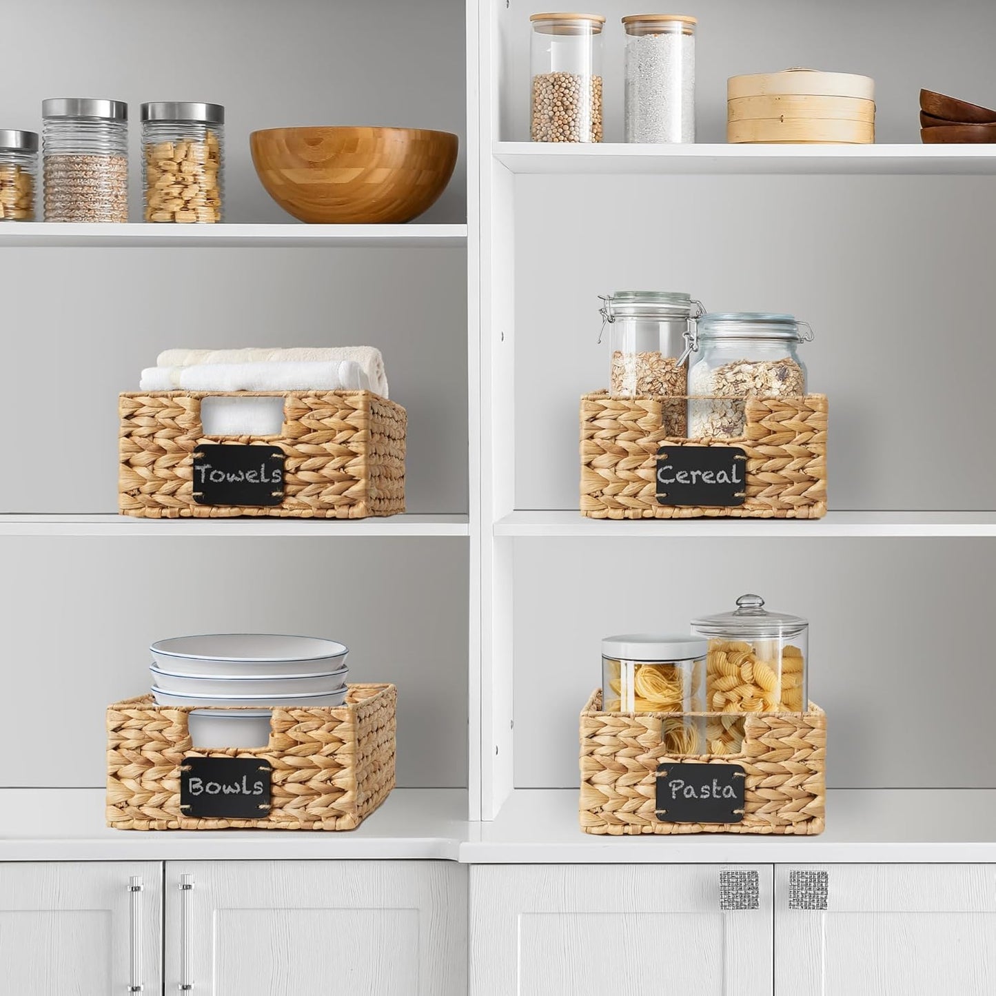 Casafield Set of 4 Water Hyacinth Pantry Baskets, 10" x 13" x 5", with Chalkboard Labels and Chalk Marker - Natural, Woven Storage Bin Organizers for Kitchen Shelves