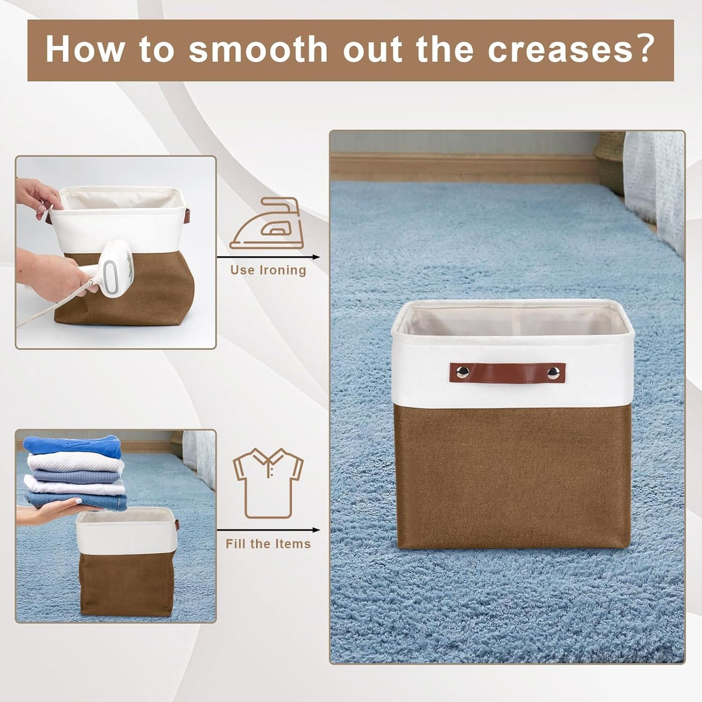 Collapsible Fabric Storage Cubes 11x11 Cube Storage Bins, 4 Pack Closet Baskets Box with Handles for Organizing, Shelf, Toys, Clothes, Home, Office, Nursery (Brown&White)