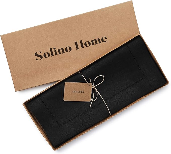 Solino Home Linen Black Table Runner 132 Inches Long - 100% Pure Linen Extra Long Table Runner 14 x 132 Inch for Fall, Autumn, Halloween, Thanksgiving, Holiday - Classic Hemstitch