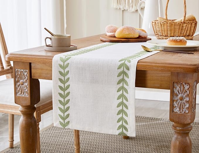 Wracra Embroidered Table Runner Irregular Willow Leaf Table Runners 72 Inches Long for Dresser Home Dining Table Decor,14 x 72 Inch, Light Sage Green