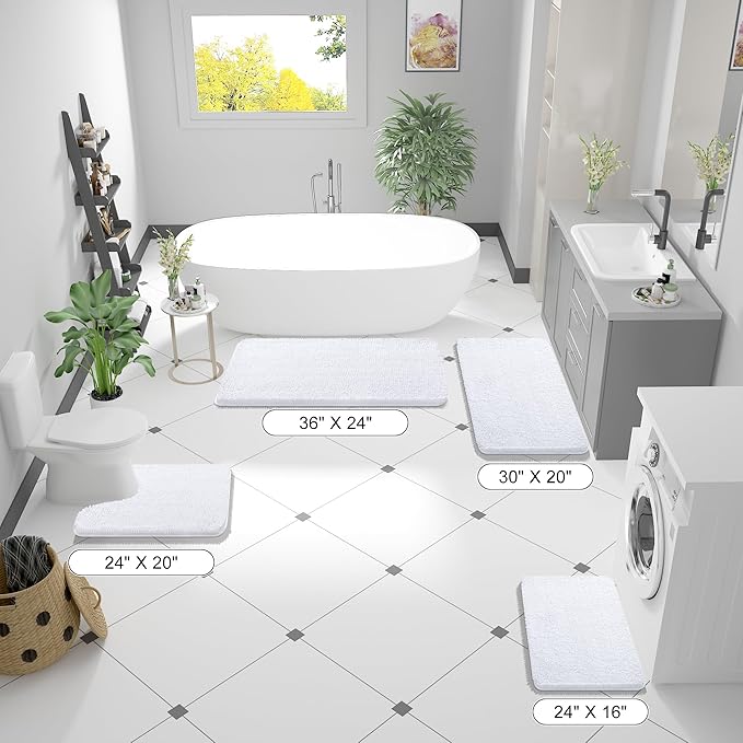 OLANLY Bathroom Rugs 47x20, Extra Soft Absorbent Chenille Bath Rugs, Rubber Backing Quick Dry, Machine Washable Bath Mats for Bathroom Floor, Tub and Shower, Home Decor Accessories, White